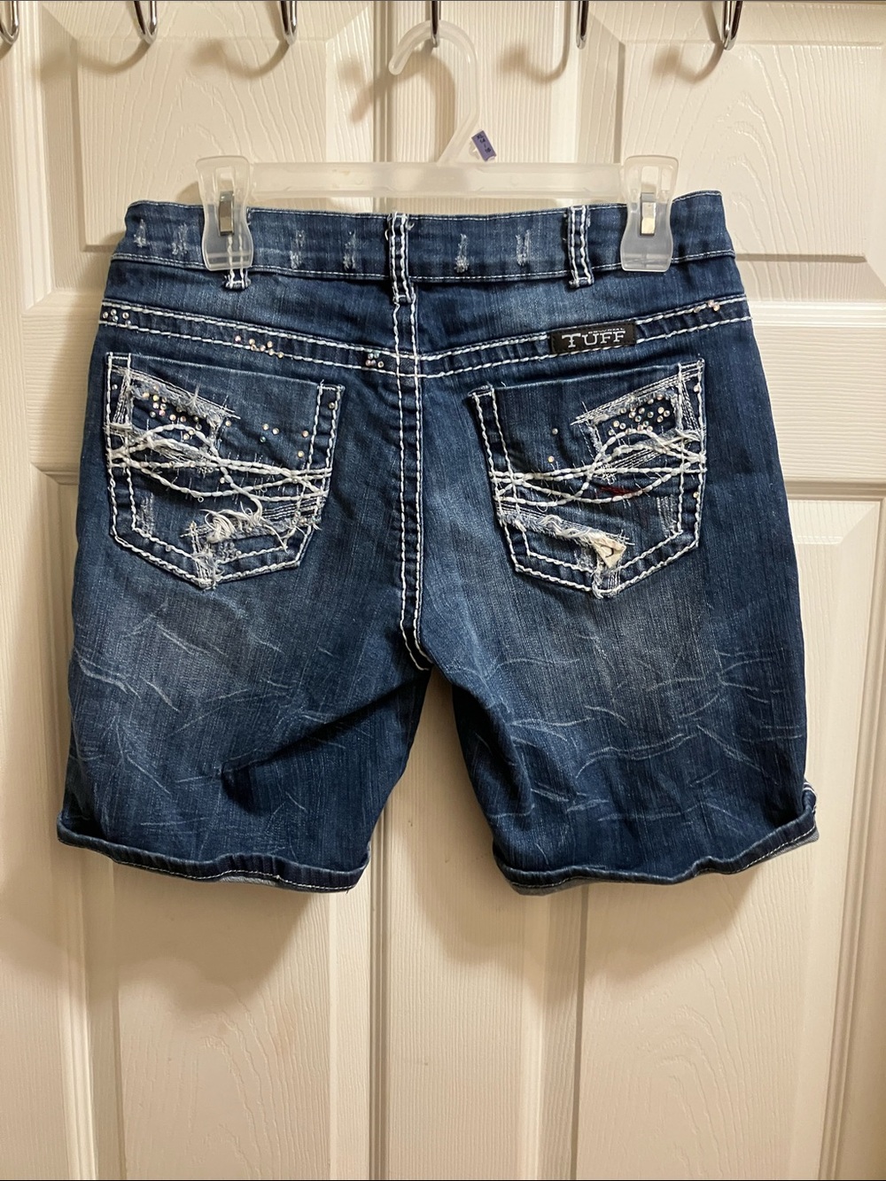 Cowgirl Tuff Dark Blue Distressed Jean Shorts with Embellished Back Pockets